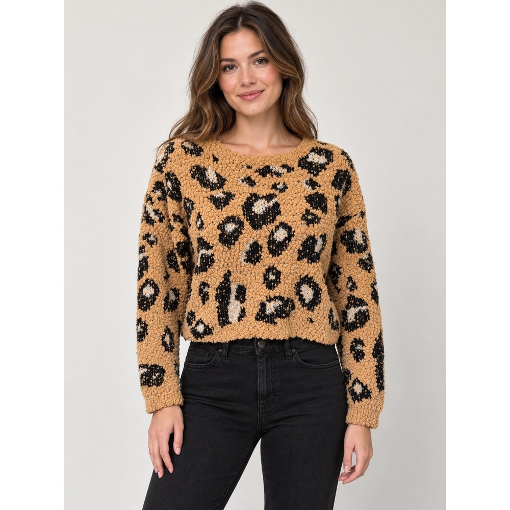 Freshman Leopard Popcorn Knit Sweater Womens M Mob Wife Indie Sleaze Fuzzy Tan